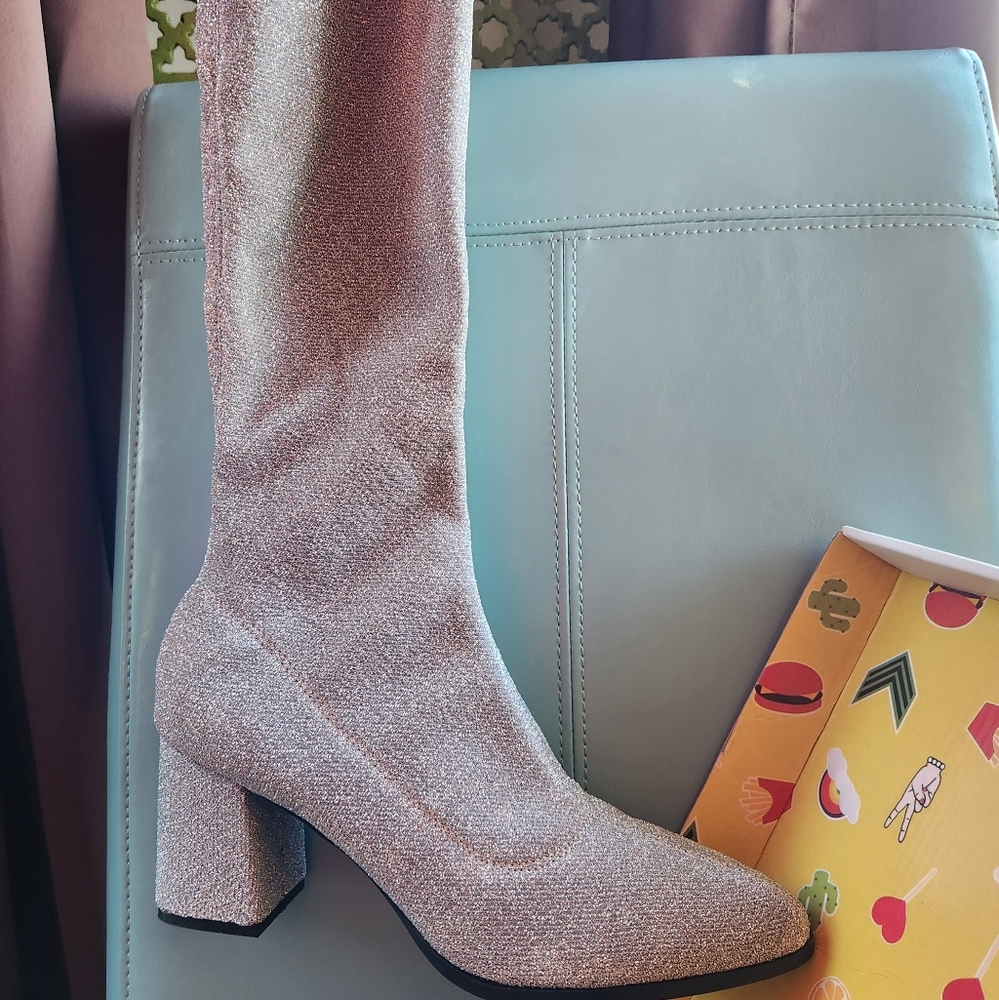 SILVER OTK Privileged by LEMON DROP Over the Knee Glitzy Stretch Pull On Boots 9 - Picture 8 of 12